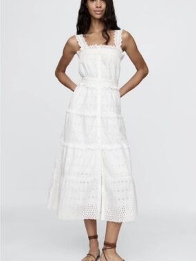 White Eyelet Tiered Midi Dress with Scalloped Straps